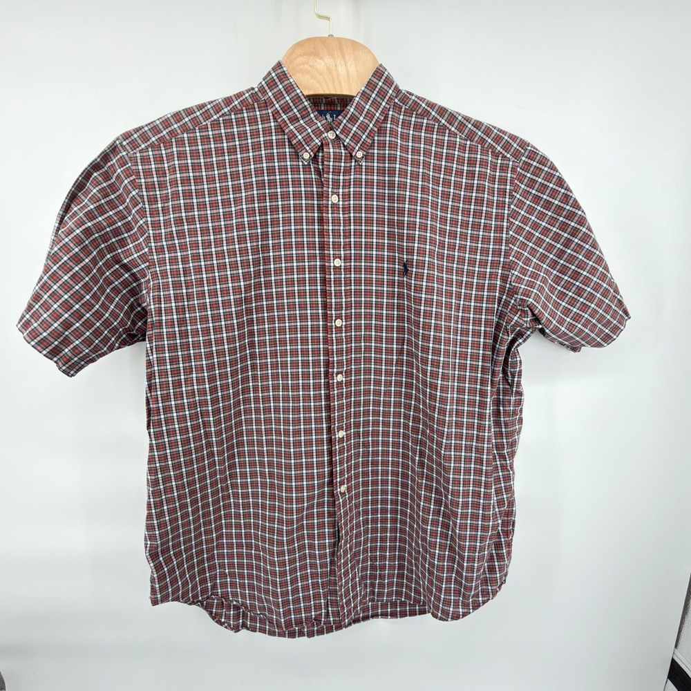 Ralph Lauren Button Down Shirt Mens XL Red Blue White Plaid Blake Short Sleeve